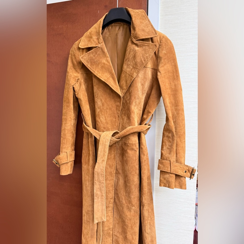 100% real suede leather tan belted trench coat
